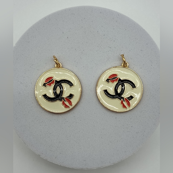 CHANEL Jewelry - CHANEL CC Logo Lips White Enamel Medallion Charm Pair Gold Tone Red Accent
